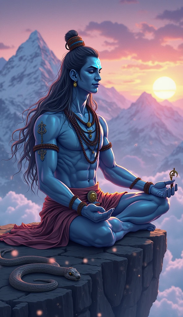 (highly detailed:1.3),<lora:shiva_v1:1>,jewelry,male focus,long hair,purple skin,muscular,sitting, ((closed eyes)),powerful pose, closed mouth,Ultra-detail,(highres:1.1),best quality,(masterpiece:1.3),cinematic lighting,outdoor,8k,sunlight,sun,((detailed face and eyes:1.3))