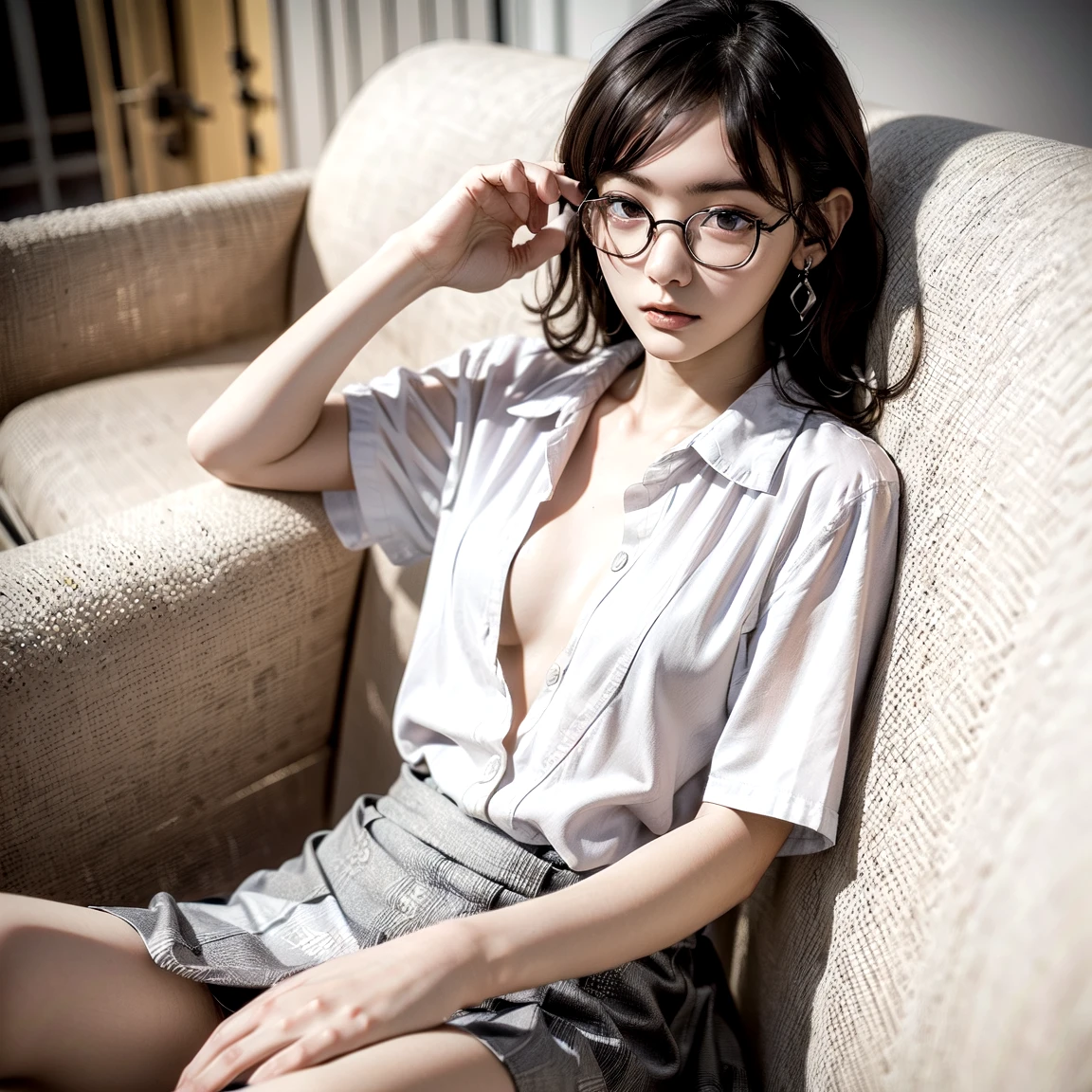 there is a woman sitting on a chair with a white shirt, , Gorgeous young woman, women's fashion model, smooth white tight clothes suit, Beautiful young woman, , With glasses, , A young Asian woman, Beautiful Asian girl