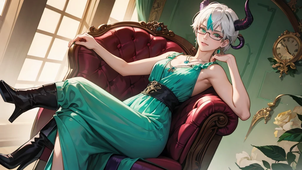 8k, masterpiece, best quality, highly detailed, 1 girl, tiefling, warlock, multicolored hair, very short straight hair green highlight hair on white hair, strippled hair, wearing glasses, round glasses, earrings, red eyeshadow, long eyelashes,navel piercing, blushed cheek, necklace, collarbone, mole, glamorous, purple and teal clothing, villainy, smirk, seductive face, close up view, rings, looking at viewer, demon horns, solo, chinese dress, ballroom, palace, blue pale moon, sitting,