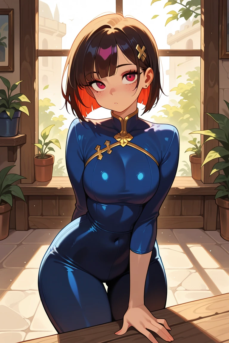 (best quality,4K,8k,high resolution,masterpiece:1.2),super detailed,(actual,realistically,realistically:1.37), Ultra high definition face, hurricane blue. Dark blue jumpsuit. Thighs and arms wrapped in silver fishnet stockings. black metallic pants. Short brown hair. heart tattoo. Do not expose the skin. latex long glove. Black shorthair. Posing for photos, sexy girl, attractive pose, Looking sexy at the camera, only, five fingers, big deal breasts, big deal , 最big deal乳房, 巨big deal乳房, Thin waist, thick hips, hourglass figure, Pelvis big dealr than shoulder blades, The pelvis is wide, fitness model, red face, Sweat, dripping with Sweat, Alley at night