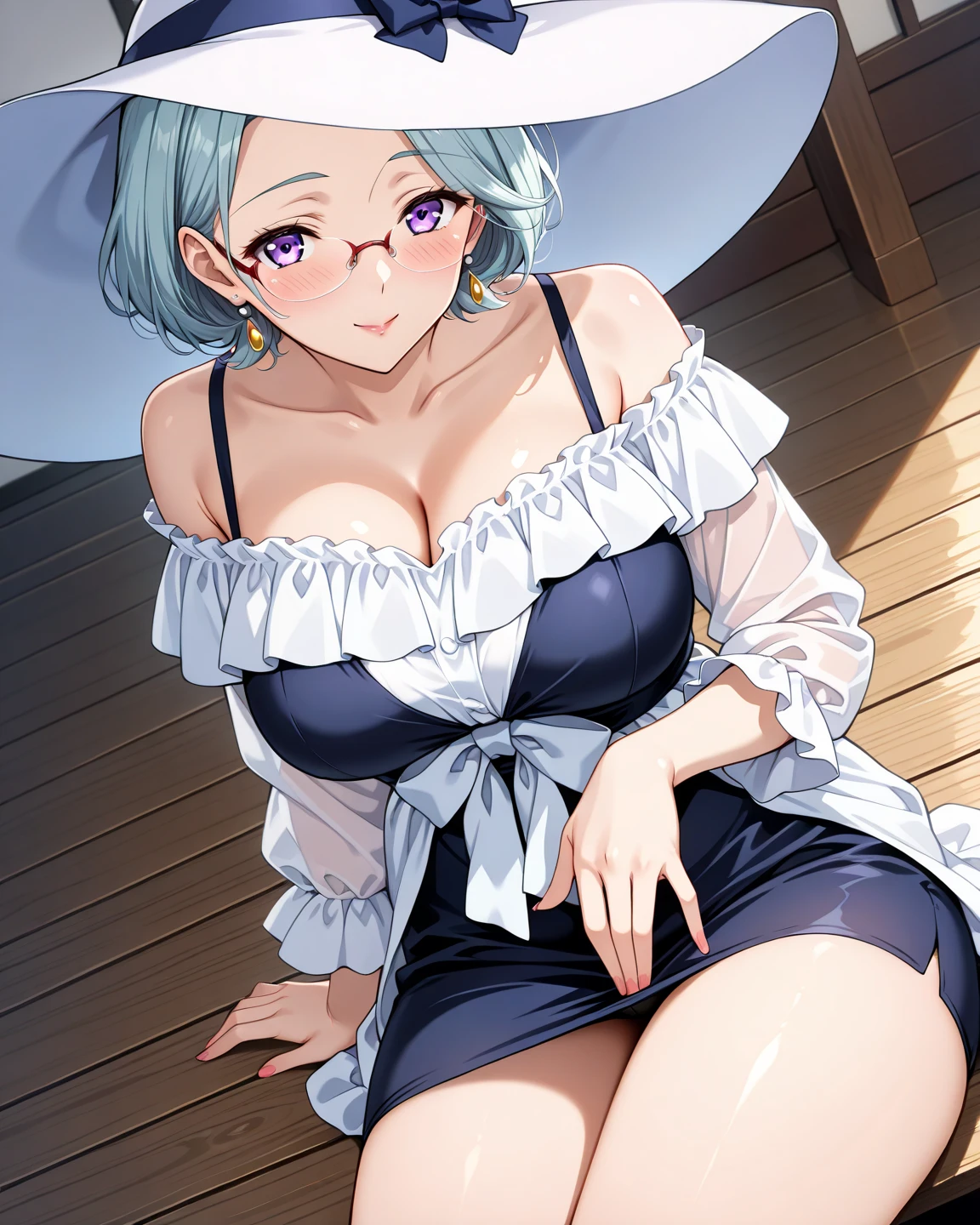 High level image quality best image quality 8K adult woman pool party rain palm trees more colors white body portrait naked horn ears short hair((shortcut)(gray hair)(perm)(fluffy)) eye color is blue , , attractive evil face , smile , sexy pose , looking away, labrynth , barearm , shirt , sitting by the pool , crossed legs , all wet , view from below