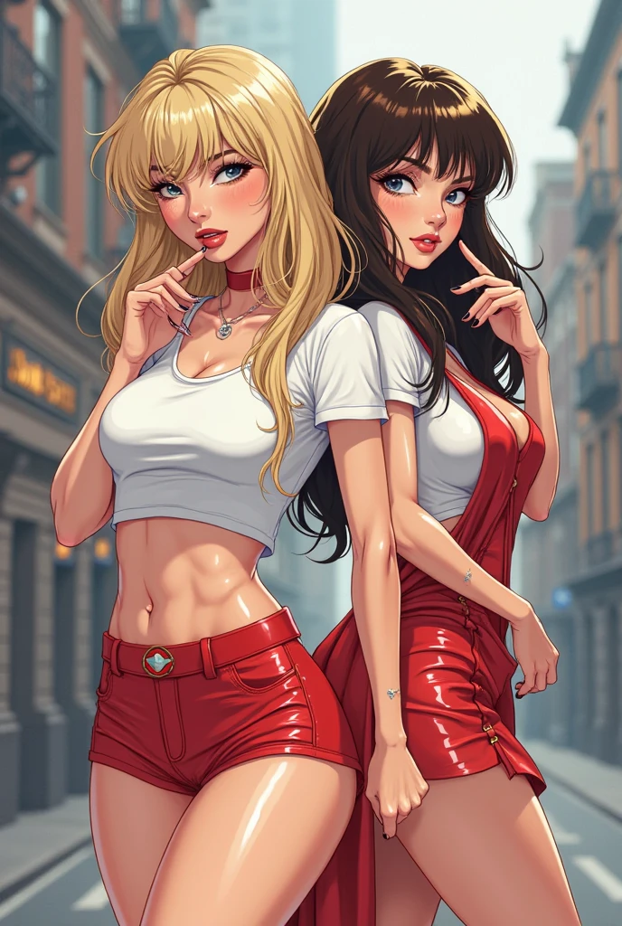 two beautiful female russian mobster, sunrise, russian suburban, in the style of vintage comic style, cartoon realism, curves, vibrant illustrations, cuberpunk