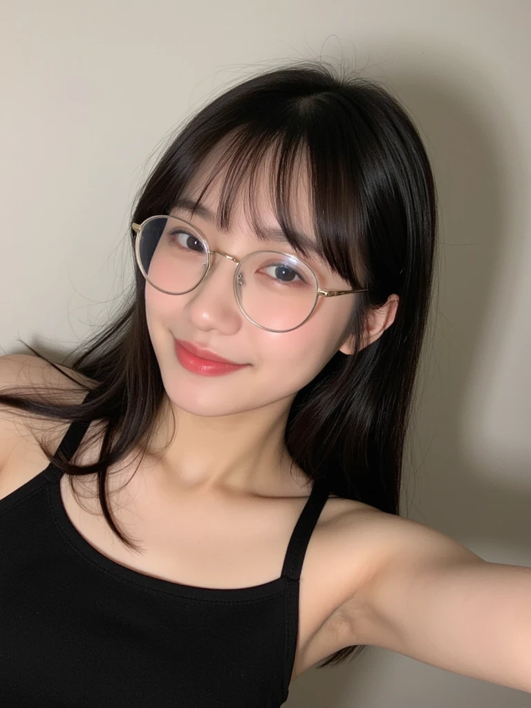 ((highest quality, 8k, 32k, masterpiece, Ultra-high resolution:1.2)),Beautiful Japanese Women Photos, Very small breasts, Boater hat,Glasses,Loose-fitting clothing, View your viewers,((coffee shop,Looking at smartphone,A smile that conveys intelligence,)),mole,Dimples,