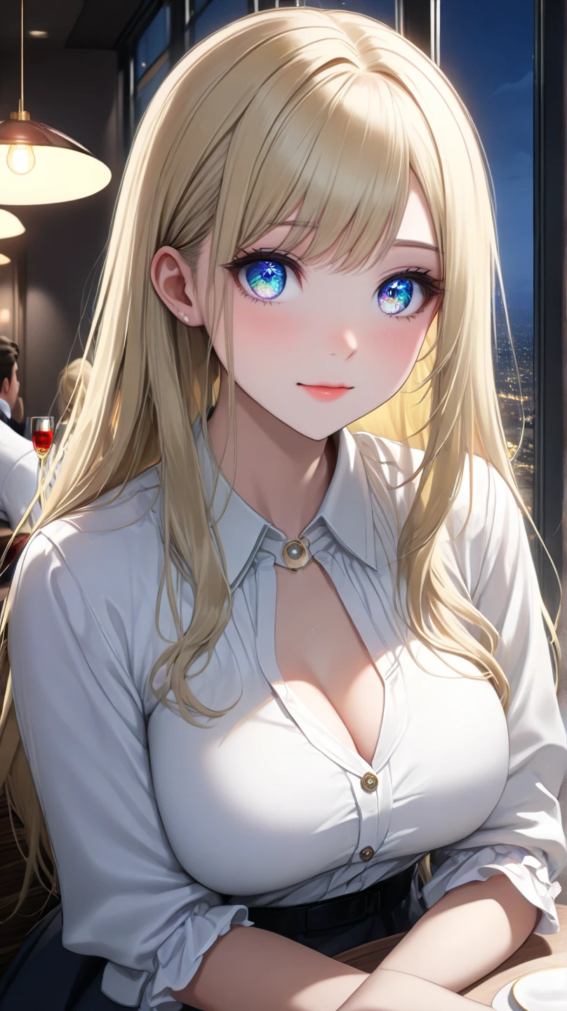 1woman,squat,blue eyes,Beautiful makeup, long eyelashes,early in the morning,stunning,half body photo, very detailed face,cute,,HD face, perfect face,Short white dress, cardigan,very big breasts,Blonde hair,blonde hair,blonde,bangs,long hair, straight hair,ultra detail,ultra Hd, masterpiece,4k