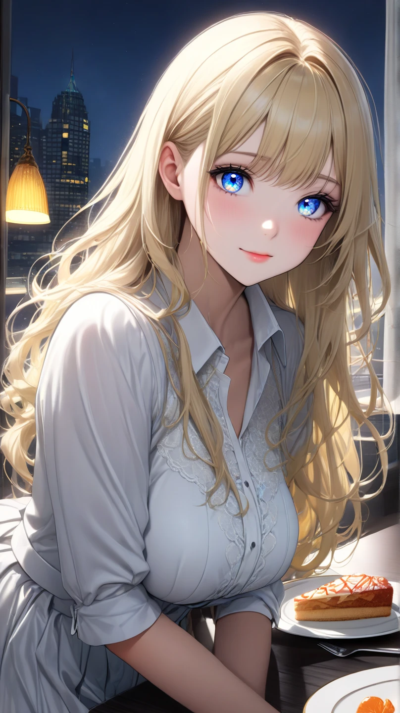 solo female, face close up, long wavy blonde hair, blue eyes, wink, secretary, office, wooden desk, business suit, seductive smile, elegant, loose shirt, necklace