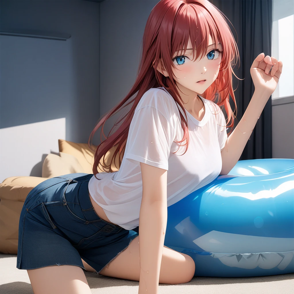 An illustration of a beautiful, attractive, young and sexy girl teen, red haired, with blue eyes, posing on a desk, wearing only a very small, tight, semi transparent t-shirt, with open legs showing her naked bottom parts.