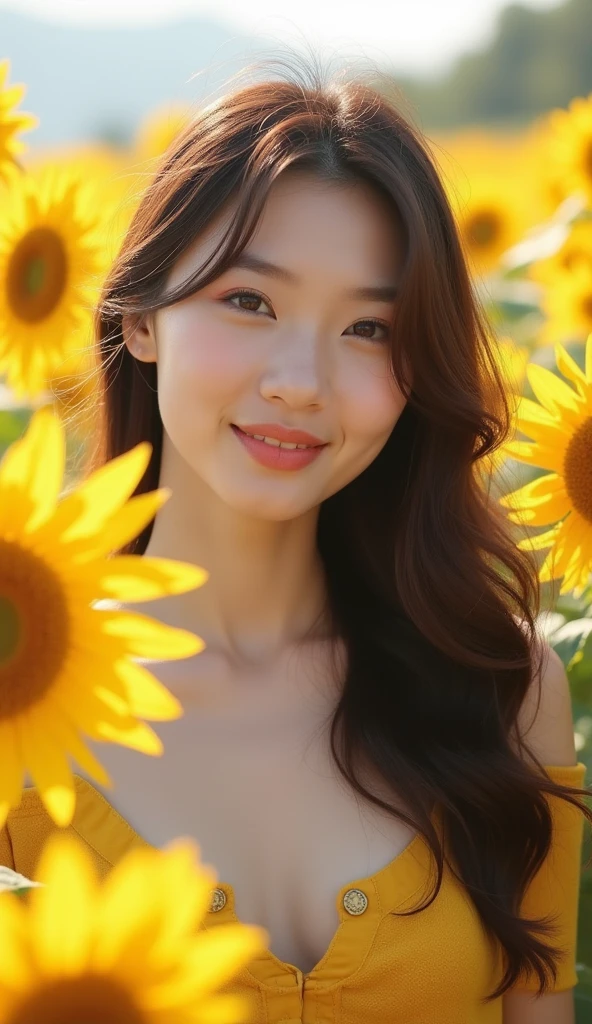 (in 8K、 Raw photography、top-quality,、hight resolution),、(hyper realisitic)、(realisitic),、Soft light、、girl with、Lifelike face、Realistic body、real looking skin、absurderes、masterpiece、Cuties、独奏、Innocent eyes、blusher、Cinema Lights、cherry colored lips、The hair 、a closeup、looking at viewert、 Open lips,、Upper teeth,、(Smiling eyes:0.6)、eyes focus、professionally lit、CG Social Trends、Plastic En、((Black Long Hair))、((Beautuful Women))、(A smile)、Fashionable、(A sexy)、Hair that flutters in the wind、((Flowing hair))、Happy -、fashion magazine、((lighting like a movie))、(Sun flower)、sunflowers fields、((the morning sun))、Hats、