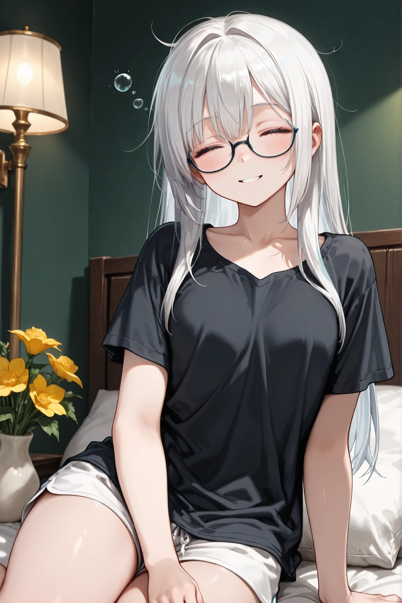((Masterpiece)),((best quality)),((incredibly absurdres)),((8K)),(semi realistic),
1 girl,solo,mature female,kawaii,white hair,long hair,straight hair,blue eyes,small breasts,
(black eyewear),short-sleeved shirt,black shirt,Plain shirt,white sweatshorts,Plain shorts,
(sleepy),(closed eyes:1.2),parted lips,smile,
night,(dark room:1.2),green wall,lamp,book,Yellow bouquet,