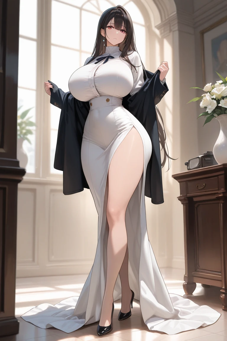 (Best quality at best,Unbeatable masterpiece:1.4),Ultra-detailed CG 4K,Gray slit long skirt,high-heels,high-heels,Huge cleavage,Chopping,Nipple presentation,Long white hair,gray eyed,AS-Adult,Gray eye mask