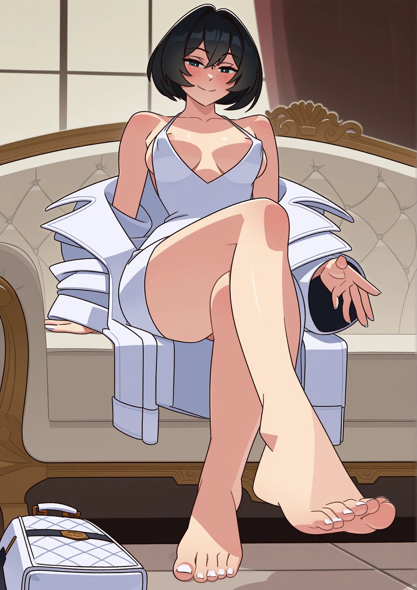 Nico Robin, Slicked back hair, Large Breasts, mature　A tight-fitting light blue and white striped dress　Knee length　Open chest　Pearl Necklace　garter belt　White high heels　Exposing shoulders　Long legs　　Angle from above　Stand up and turn around　Spread your legs　Champagne glass in one hand　Hotel Bedroom　blush　stare