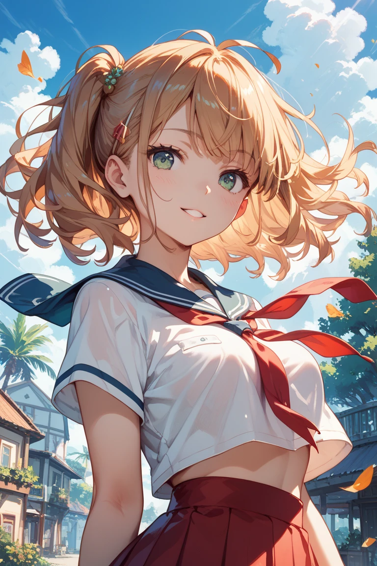 Genki girl，1girll, Solo，White shirt, Red skirt, Socks, dual horsetail，Opens mouth and laughs，exteriors，with blue sky and white clouds，sport，wholesome，Correct anatomy，perfectly proportions，Best quality at best，8K，Best quality，Cinematic texture，