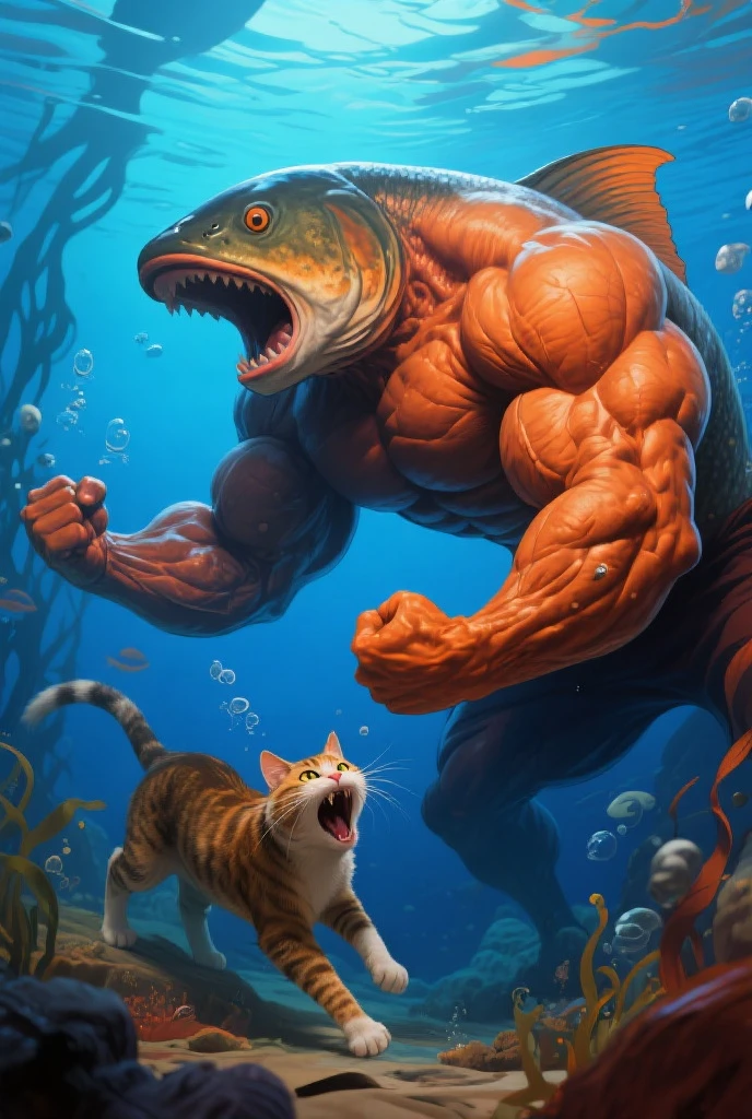 The muscular bodybuilder daddy cat kicks the giant realistic seahorse on the face, causing it to bleed in the water. The seahorse is stunned, and the water around them is tinted red from the seahorse’s injury.