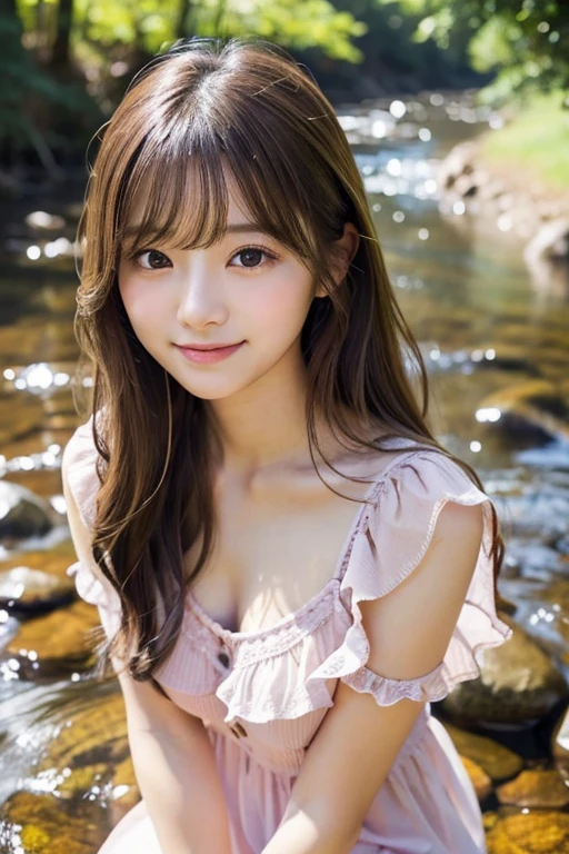 (masterpiece、Highest quality、Ultra-high resolution、8k)、1. very beautiful 18 year old、(Perfect composition that fits perfectly in the frame:1.1)、(Perfect Anatomy:1.1)、(A clean and elegant white mini dress:1.2)、(美しくGlowing Beautiful Skin:1.1)、(The clearest and most beautiful river water:1.1)、(Waterfall in the background、Surrounded by the most magnificent nature、The most detailed and beautiful river、in the forestの川、神秘的なin the forestの美しい川)、Feelings of love、(Glowing Beautiful Skin:1.1)、(Super high quality beautiful skin:1.1)、Beautiful Teeth、(The best smile you ever had when you saw me:1.1)、very bright and refreshing、Are standing、in the forest、(Moody and romantic portrait photography:1.2)、Blurred Background、Bright summer colors、Surrounded by fantastic light、Mysteries of Nature、Natural makeup long eyelashes、Accentuate your body lines、Very small waist dress、(nose:1.2)