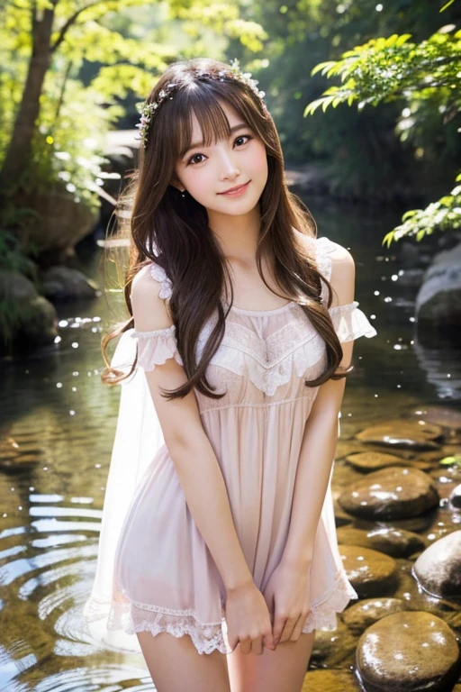 highest quality、Super detailed,、finely、High resolution、beautiful eyeedium long hair、hair fluttering in the wind、brunette hair、Standing in the creek、19 year old beauty、Photographed from the knees up、cute smile、face light、Sheer pastel pink babydoll、eight-headed body、beautiful woman、gravure、sexy pose、beautiful skin、japanese woman、Disorganized Hair