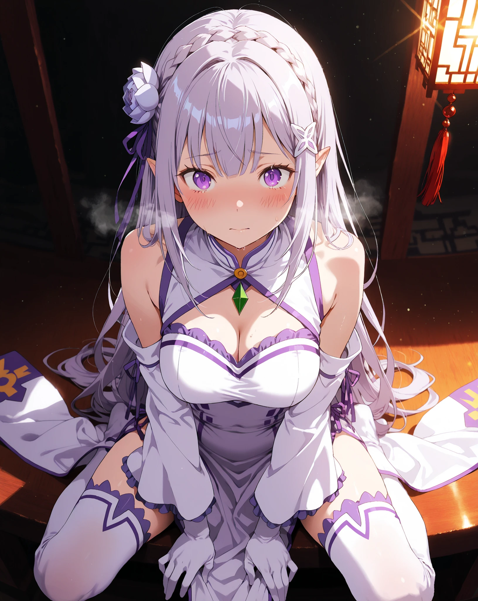 Re:Emilia, very embarrassed, the face is reddened, deep breathing, brightly lit light display, chinese outfit in black with white pattern, with high slits, white arm length gloves, thigh-high socks , above the knee white socks, sitting pose, hand resting on fabric, sleeveless , soft lighting, elegant and sophisticated atmosphere, front view angle, clear looking image