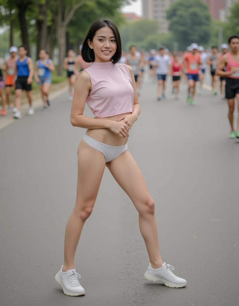 balinese girl, winning running race, running fast, very skinny, very small breast, naked, swowing vagina, showing genital, cheerful, smiling, sweat, crowd, mass, best quality,4k, 8k, highres, masterpiece, ultra-detailed, realistic