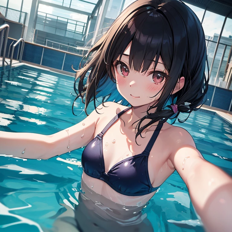 Girl, cute, adorable, from chest to head, smiling, straight hair, long hair, black hair, clear weather, standing, sweat, sunlight, looking at the camera, looking up at us, pool, daytime, wet, bikini, reaching out to us with a hand holding a water bottle