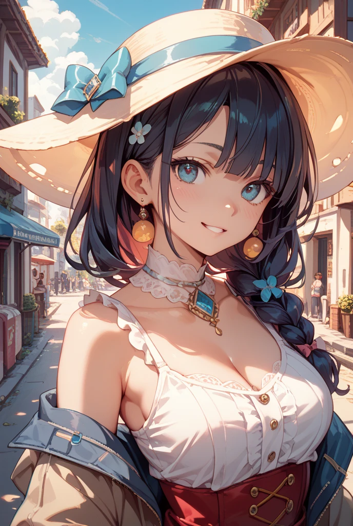 ((Top Quality)), ((Excellent)), (Details), ((Japanese)), Ultra-Realistic, Stunning Environment, Vivid Colors, , Black Hair, (Young Face), ((Straight Hair)), Shiny Hair, Big Breasts, ((White Maid Outfit)), ((French Maid)), ((White Brim)), ((from_side)) , ((From Above)), ((Blue Eyes)), Half-Smiling, Upper Body, Shiny Hair, Blunt Bangs, ((big Breasts)),((Emphasized Cleavage)) , ((Leaning Forward)), ((Blue Eyes)), Masterpiece, Ultra-Realistic, ((Upper Body)),((topless)), Outdoors, Grassland, Flower Field, Natural Light, Vivid Colors,