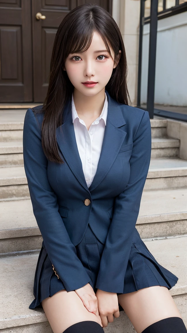 highest quality、masterpiece、ultra high resolution、so beautiful、cute、(Photoreal:1.4)、16 years old、Japanese、long hair、brown hair、look at the audience、smile、outdoors、cinematic、35mm lens、f/ 1. 8、 accent lighting、8k、 I can see your pants、Raise your skirt boldly,、Braid hairstyles,、A buttoned-up shirt flaps、blazer, uniform、big breasts、attractive thighs