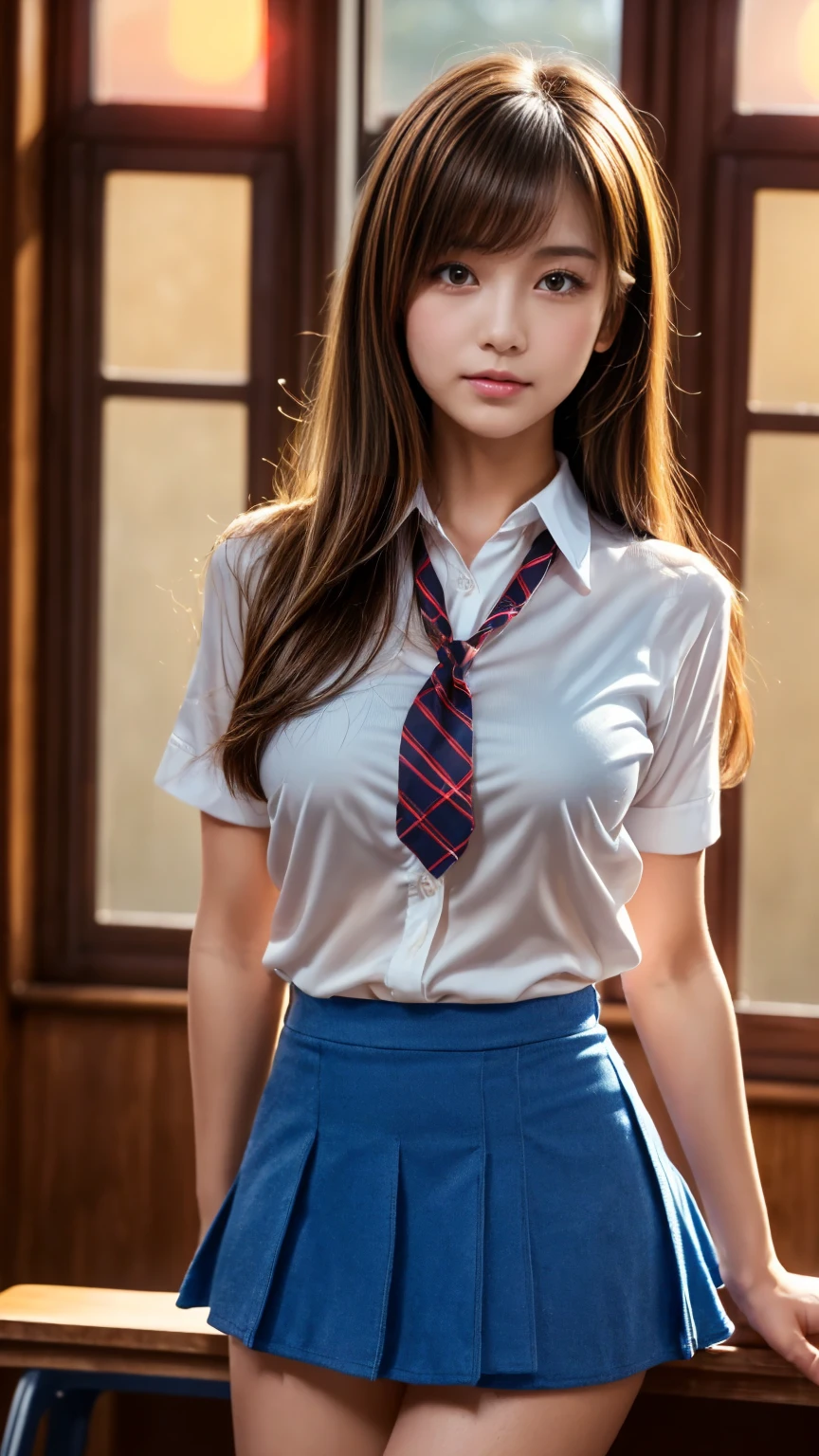 (Cowboy Shot)、alone、(hairpin), cardigan, Wavy long hair, Pink beige hair, Black bow tie, Sitting, desire,compelling glances,Hyperrealism, Original Creation, High quality 8K backgrounds, Intricately etched, Visually stunning, aesthetic wonder, Perfect excellence, The intense ambiguity, Calm colors、(Very long hair)、Beautiful woman,(school uniform)、Plain Shirt、Shirt with emblem on chest, Pleated skirt、(smile)、(((weak)))、((Delicate painting))，(Detailed RAW photos of girls), (highest quality:1.6), (Ultra-high resolution:1.5), (Realistic:1.75), 8K resolution, Canon EOS R5, 50mm, Absurd, Very detailed,Cinema Lighting,((Spread your legs))、((Panties are visible through the gap in the skirt))、((defenseless))、(sexy lace panties)、(Wear dark blue socks)、Browsing Caution:0.2、Bright classroom