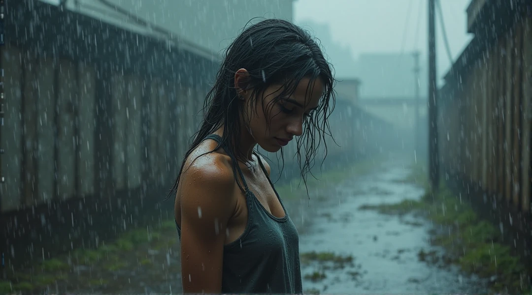 ((((looking camera)))) Foto de cuerpo completo de Mujer sexy con enormes alas sentada en las calles con humo y niebla, en llamas bajo la lluvia torrencial de la noche, Across the city, iluminada por las luces de la ciudad y con todo su cuerpo mojado. Feeling cold. Captura la intensidad de la lluvia que cae sobre la mujer mientras corre. Focus on the woman's facial expression, showing determination despite the rain. Crea un contraste entre la oscuridad de la noche y las luces de la ciudad que la rodean. Make sure the woman's white T-shirt is soaked and sticks to her body. Use lighting techniques to highlight raindrops in the air and on women's clothing. Make wet streets reflect city lights to create a cinematic atmosphere. The perspective should be from a low angle to emphasize the vulnerability of women in the rain... Add flare to city lights to create a bokeh effect in the background. Use cool colors and blue tones to convey the feeling of cold in the image.