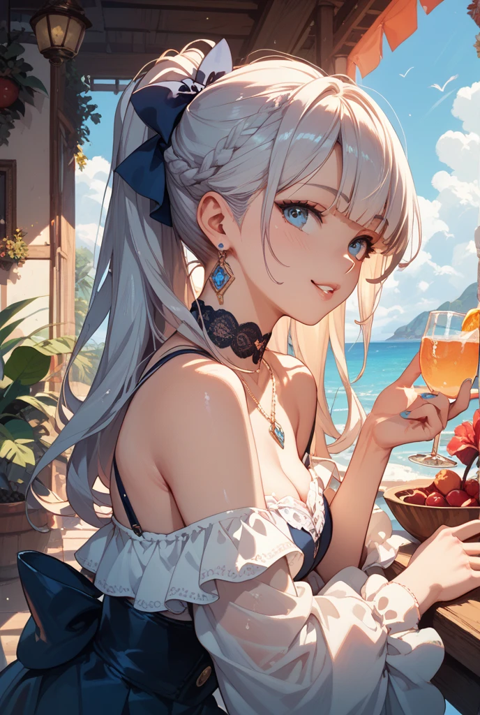 anime girl with white hair sitting at a table with a plate of food, seductive anime girl, artwork in the style of guweiz, guweiz, girl with white hair, perfect white haired girl, beautiful anime girl, guweiz on pixiv artstation, smooth anime cg art, guweiz on artstation pixiv, beautiful alluring anime woman