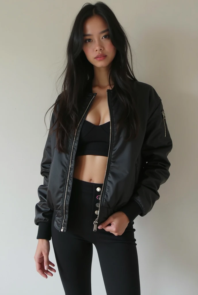 photograph of a 20 year old woman, Perfect face, Masterpiece, GOOD, underwear, negro_GOOD, Jacket, negro_panties