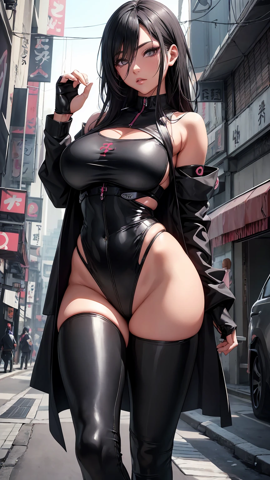 oriental girl ninja cyberpunk with a mask with curvy body big boobs