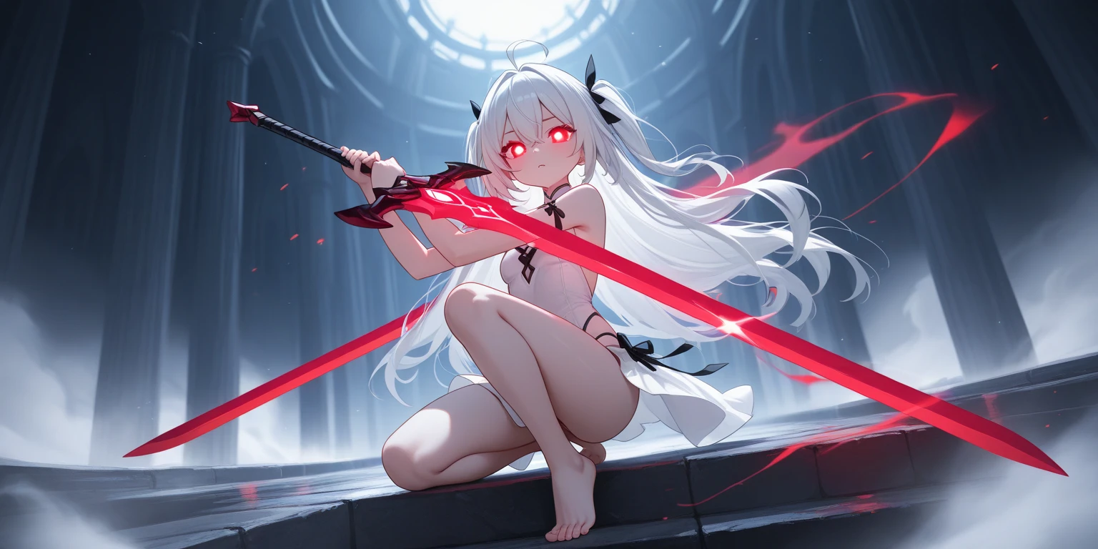 1girll, woman, Battle double Pamish，, Red eyes, Solo, Long hair, Horns, Black dress, Short dress, Shorts, White shorts, hair adornments, Pointy ears, Breasts, White hair, Crimson infection，, bangs, breast enhancement, head portrait