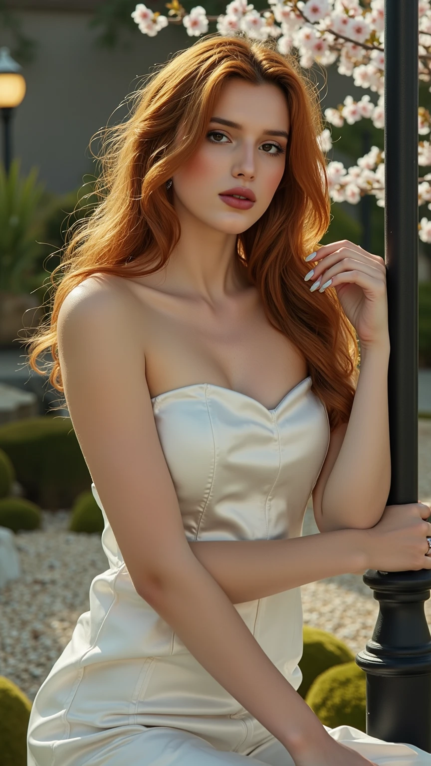 a woman in a white dress posing for a picture, a photorealistic painting by Alexander Kucharsky, featured on cg society, romanticism, beautiful sexy woman photo, white sundress, beautiful woman with long wavy red hair, emerald green eyes, full lips and light red lipstick, smiling, random pose, distant full body view, view from random side and rand angle, ultra realistic, 16k