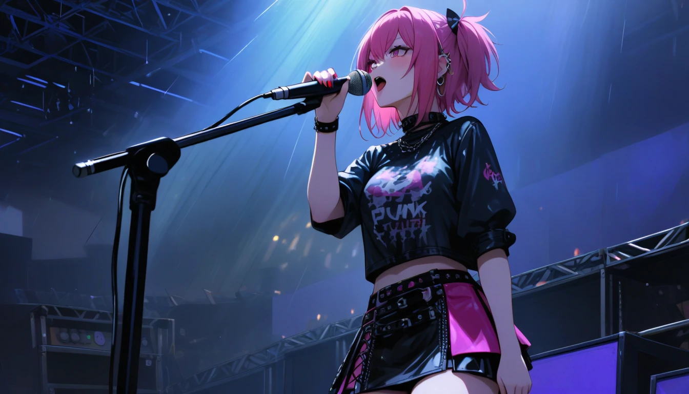 <lora:v2GothicC:0.8>, GothicC, makeup, lipstick, mascara, black nails, see-through, multi-colored hair, <lora:Idol:0.8>, Idl, skirt, shirt, boots, microphone, holding microphone, singing, stage, neon lights, best quality, masterpiece, highres
