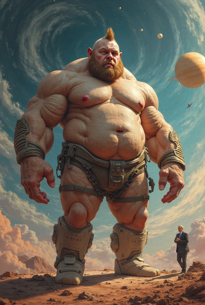 ((best quality)), ((masterpiece)), (detailed), a fat viking with red hair. Giant red beard. He has huge pectorals. They look like giant breasts. He has breasts. Enormous tits. Huge tits. Round and beautiful tits. Bigger tits. He is floating in space. A giant planet in the shape of a heart behind him.