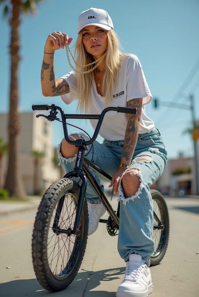 highest quality、surreal、perfect anatomy、crowded downtown area、Wet and shiny white skin、model body shape、silver hair、black micro bikini、nine-headed body、blush、collar and leash、Ahegao、road bike、tattoos all over the body、Wear the headphones around your neck、denim pants、Raincoat、rain、