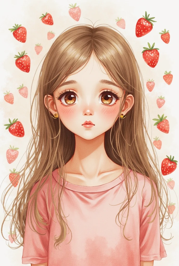 Asian girl wearing pink shirt and long white and pink socks, long black hair, black eyes, strawberry on her pink shirt