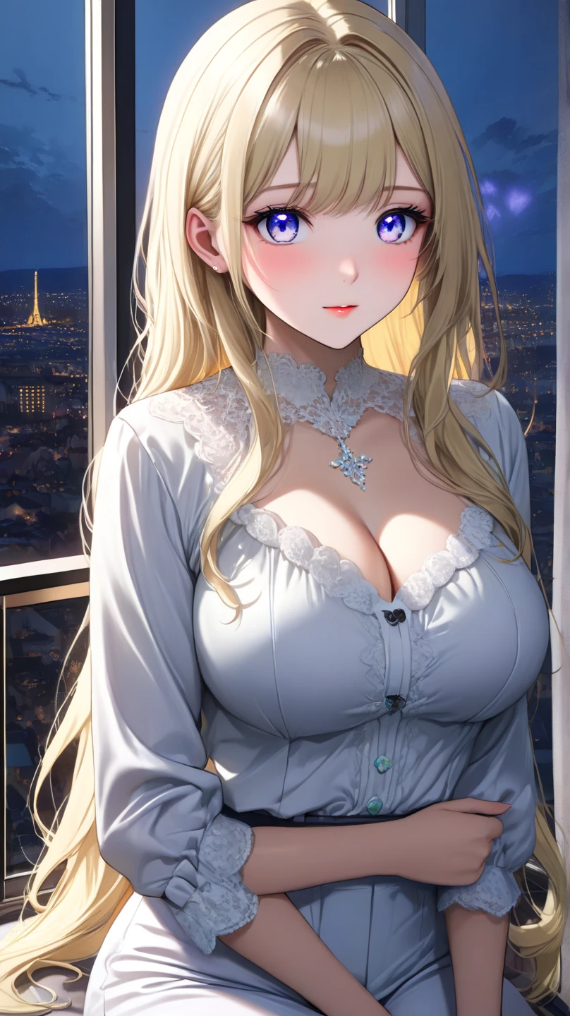 masterpiece, absurdres, best quality, ultra detailed, high Resolution, detailed illustration, bright colour, (extremely beautiful detailed face and eyes, Delicate beautiful face, 1 girl, cute face:1.3), (magenta eyes:1.1), sparkling eyes, big eyes, big breasts, (perky breasts:1.1), (pointy breasts:1.1), medium hips, glamorous body, white skin, BREAK, (blonde hair:0.8), messy hair, detailed hair, shiny hair, BREAK (down blouse, casual dress with print:1.3), perfect lighting, (???????, vulgarity:1.5), (embarrassed:1.3), (Yakiniku:1.3),