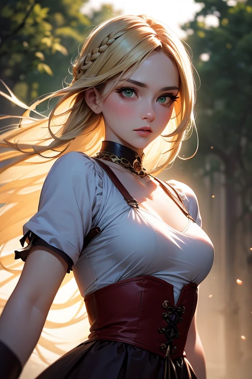 Ultra Realistic, absurd, 8K, Perfect Art, Super Detailed Rendering, Masterpiece, High Quality, high resolution, ultra-detailed, Clean, Masterpiece, Professional Artwork, beautiful, masterpiece, best quality, Bright Golden Blue Eyes, (sparkling eyes:1.5), beautiful Blue eyes, (blonde hair: 1.4), long hair, beautiful face, detailed female face, (((perfect female body, narrow waist))), beautiful female body, full body, very pretty woman, young, very pretty woman, sexy, short, sexy, very attractive, (very big breasts:1.4), (huge breasts), rogue anime girl, rpg portrait full body, official character art, Bangs, Twin Drills, twintails, hair bows, red scarf around kneck, Green vest over a white t-shirt, Gray short shorts, gold belt, coiled whip hanging from hip, white thigh highs, brown walking boots.