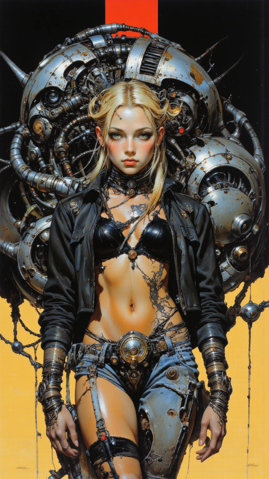 a Sorayama Style, metallic skin, beautiful wavy hair, ana de armas, 8k portrait of beautiful cyborg wearing leather jacket, smiling showing teeth, award winning, masterpiece, sorayama illustration, ornamental, nice hands, perfect hands