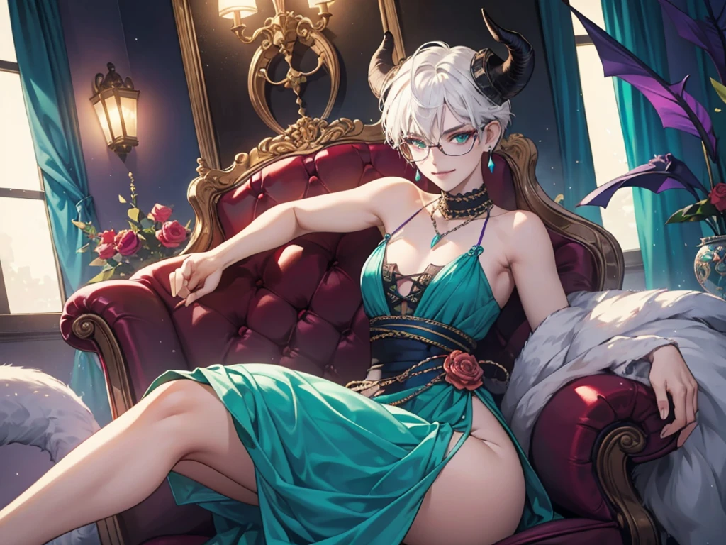 8k, masterpiece, best quality, highly detailed, 1 girl, tiefling, warlock, multicolored hair, very short straight hair green highlight hair on white hair, strippled hair, wearing glasses, round glasses, earrings, red eyeshadow, long eyelashes, navel piercing, blushed cheek, red lips, necklace, rings, collarbone, mole, glamorous, purple and teal clothing, villainy, smirk, seductive face, close up view, rings, looking at viewer, demon horns, solo, royal dress, black lace gloves, fur coat, palace, blue pale moon, sitting on throne, queen of diamand.