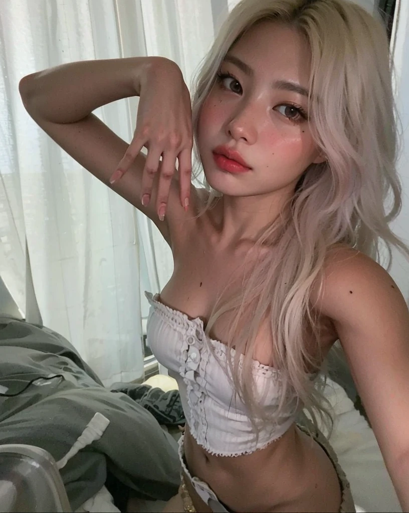 Highest image quality、Live shooting、ultra high resolution、21 year old Korean、small breasts、dynamic angle、cowboy shot、the most beautiful form chaos、elegant、brutalist design、vivid colors、beautiful white hair、short bob、smile、smile、shiny white skin、Beautiful eyes with random colors、Beautiful eyes in every detail、elongated eyes、thin lips、pale pink blush、long eyelashes、beautiful double eyelids、eye shadow、bright room、cheongsam clothing、cosplay、A little underwear is visible、shot from the side、sexy pose