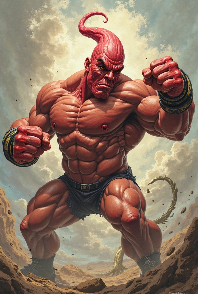 A red stick man with 3 bandages on his face and one covering his left eye, he is muscular , that it looks like a manga, and that the stick man appears in an epic scene and the clouds surround them.