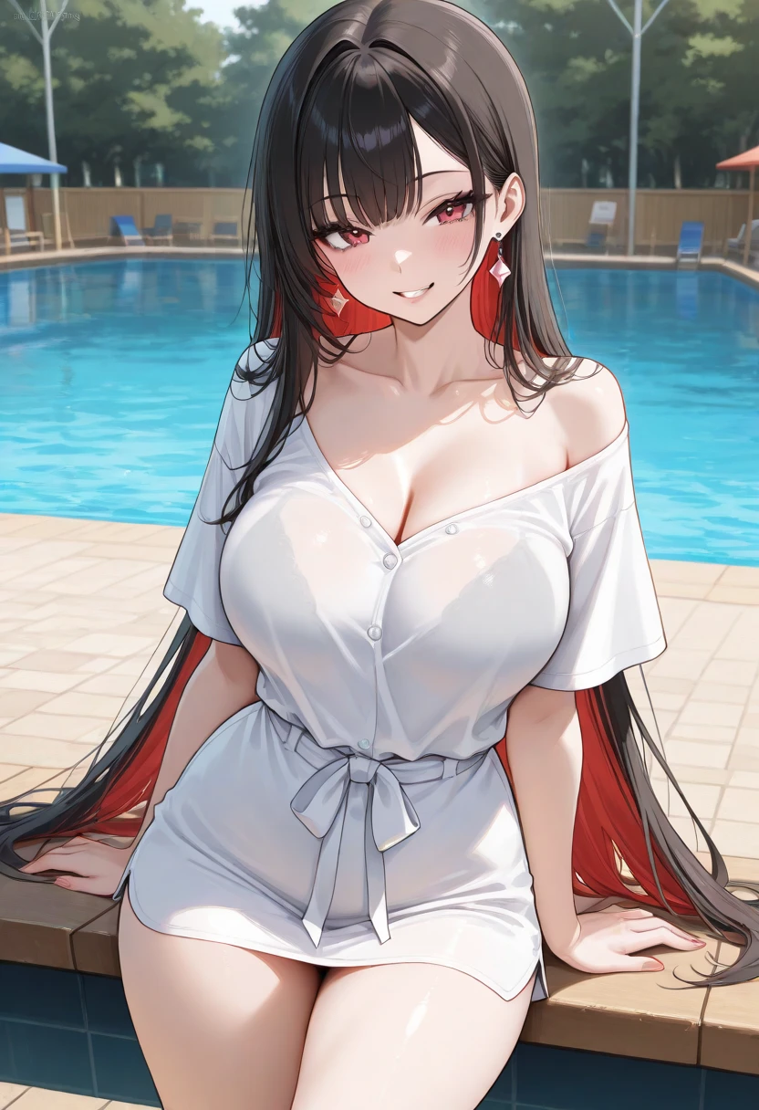 ((Black hair))), long hair, red eyes, sexy, large breasts, beautiful body, masterpiece, smile,((( buruma))) , sexy lingerie, hotel swimming pool ,busty, buxom, curvy, voluptuous,Sexual Intercourse, (cum in pussy),(breast milk), masterpiece,best quality,black hair,long hair,1girl,white gym uniform,brm,sweat,cowboy shot,