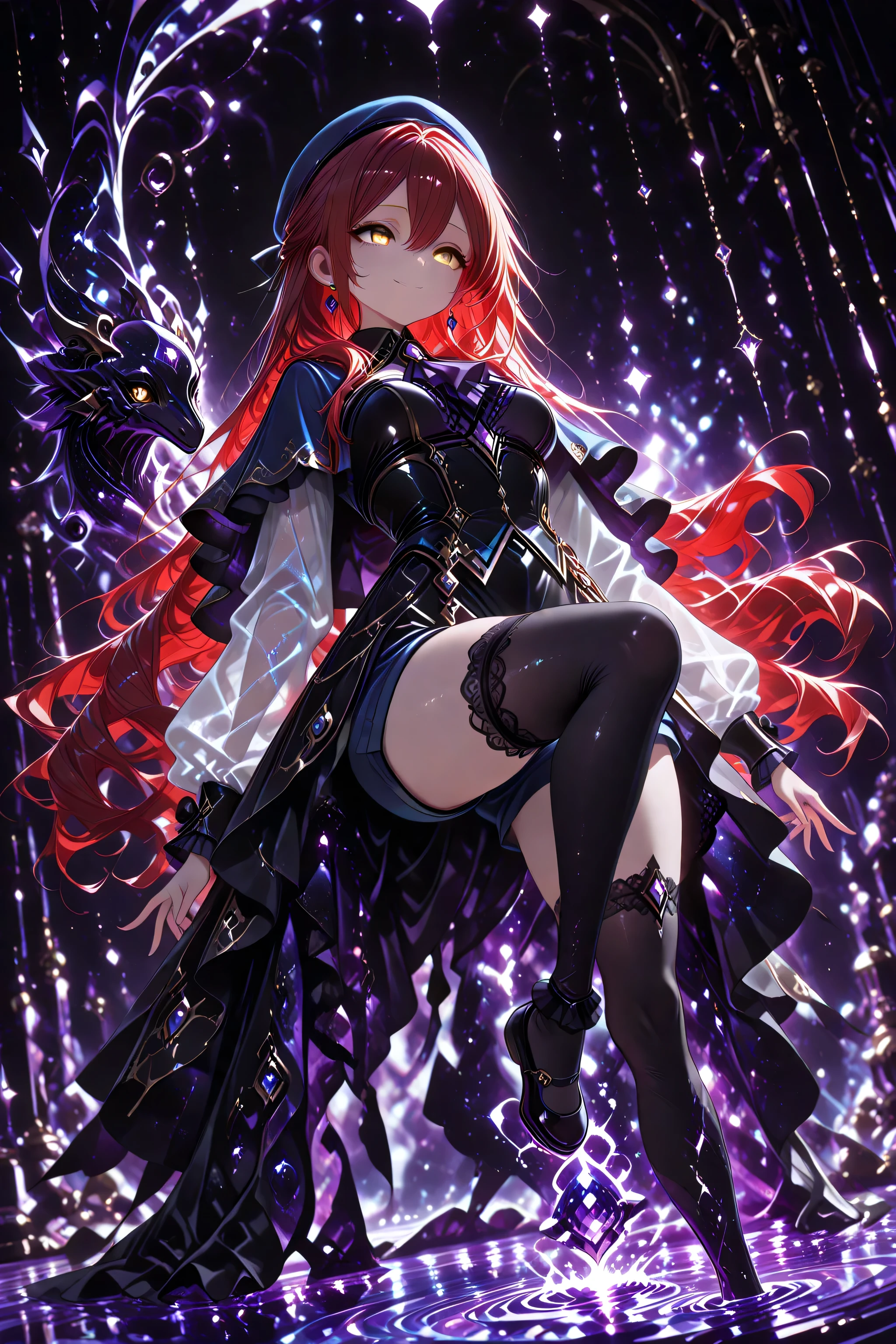 absurd_res, 8K, (masterpiece: 1.2), (best quality: 1.2), (detailed eyes, beautiful eyes:1.2), cinematic angle, cinematic shadows 

1 girl , golden eyes , very long hair , long sidelocks, red hair ,half updo, petite , very cute , beautiful ,Straight hair, cool, handsome, hair between eyes, sexy, medium breasts ,flowing hair, captured mid-motion as she stands on one foot in an elegant ballet pose. Her landing foot lightly touches a surreal, purple water surface, creating purple swirl radiating outward. The purple swirl originates from where her foot touches the water, spiraling upward and around her body in a dynamic, flowing motion, blending into the background. The scene is lit with soft, ethereal lighting, purple and black, emphasizing her peaceful smile juxtaposed with a grotesque atmosphere. The mystical yet unsettling tone enhances the overall composition, dark atmosphere 
 mortis outfit, blue beret, earrings, frills, capelet, gem, ascot, see-through sleeves, long sleeves, black skirt, blue shorts, black thighhighs, frilled socks, blue mary janes,  sometyome_illu, abstract, 