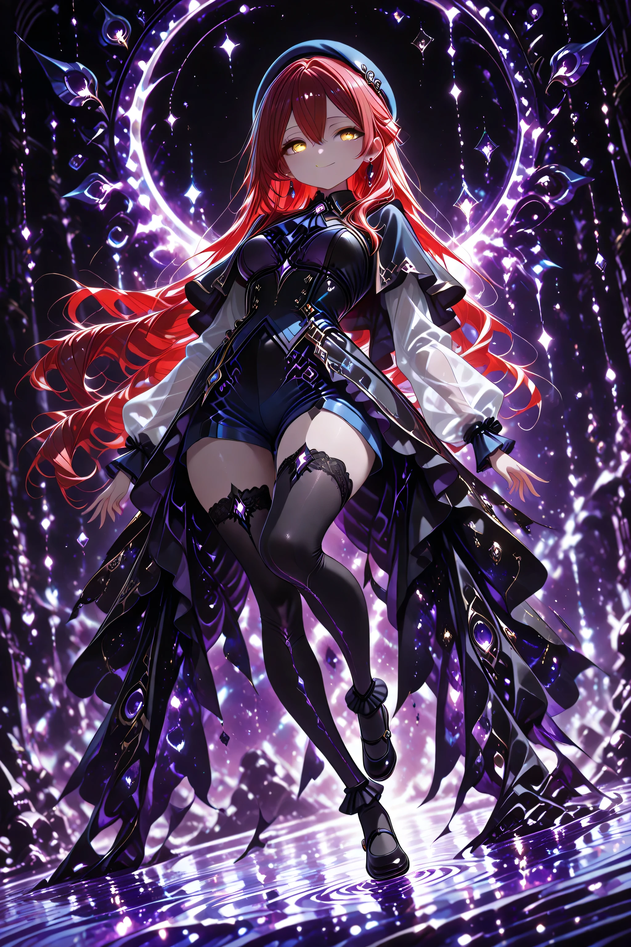 absurd_res, 8K, (masterpiece: 1.2), (best quality: 1.2), (detailed eyes, beautiful eyes:1.2), cinematic angle, cinematic shadows 

1 girl , golden eyes , very long hair , long sidelocks, red hair ,half updo, petite , very cute , beautiful ,Straight hair, cool, handsome, hair between eyes, sexy, medium breasts ,flowing hair, captured mid-motion as she stands on one foot in an elegant ballet pose. Her landing foot lightly touches a surreal, purple water surface, creating purple swirl radiating outward. The purple swirl originates from where her foot touches the water, spiraling upward and around her body in a dynamic, flowing motion, blending into the background. The scene is lit with soft, ethereal lighting, purple and black, emphasizing her peaceful smile juxtaposed with a grotesque atmosphere. The mystical yet unsettling tone enhances the overall composition, dark atmosphere 
 mortis outfit, blue beret, earrings, frills, capelet, gem, ascot, see-through sleeves, long sleeves, black skirt, blue shorts, black thighhighs, frilled socks, blue mary janes,  sometyome_illu, abstract, 
