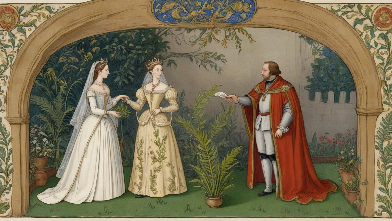 Prompt 7: "A courtier presenting Queen Victoria with a pressed fern specimen in a ribbon-tied cream envelope, as she receives it with regal amusement near a garden arch — late‑15th‑century illuminated manuscript miniature, tempera and shell‑gold on vellum, flat medieval perspective, fine brown‑ink outlines, subtle parchment texture, 16:9 aspect, ultra‑high‑resolution (4K)"