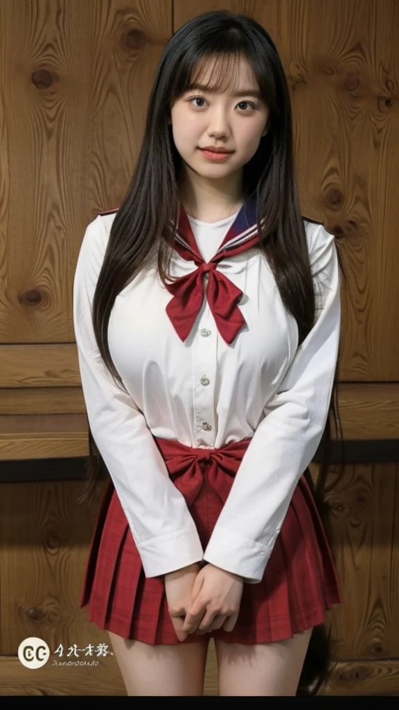 low angles, girl, Solo, (Looking at Viewer:0.9), Best Quality, Ultra-detailed, High resolution, (Photorealistic, Realistic, Photorealsitic:1.2), 18year old, Bangs, (Smile:0.3), (thighs thighs thighs thighs:1.2), Panchira, Part of the white pants are hidden by the plated skirt, in a school, School uniform, lowfers, White neckerchief, Long sleeves, Cosplay, knee high, Holding, ((checked skirt)), Bangs, Realistic, pantyshot, Long hair, Sitting, , Black hair, Pleated skirt, Low leg panties, (White panties), School_uniform,School_uniform