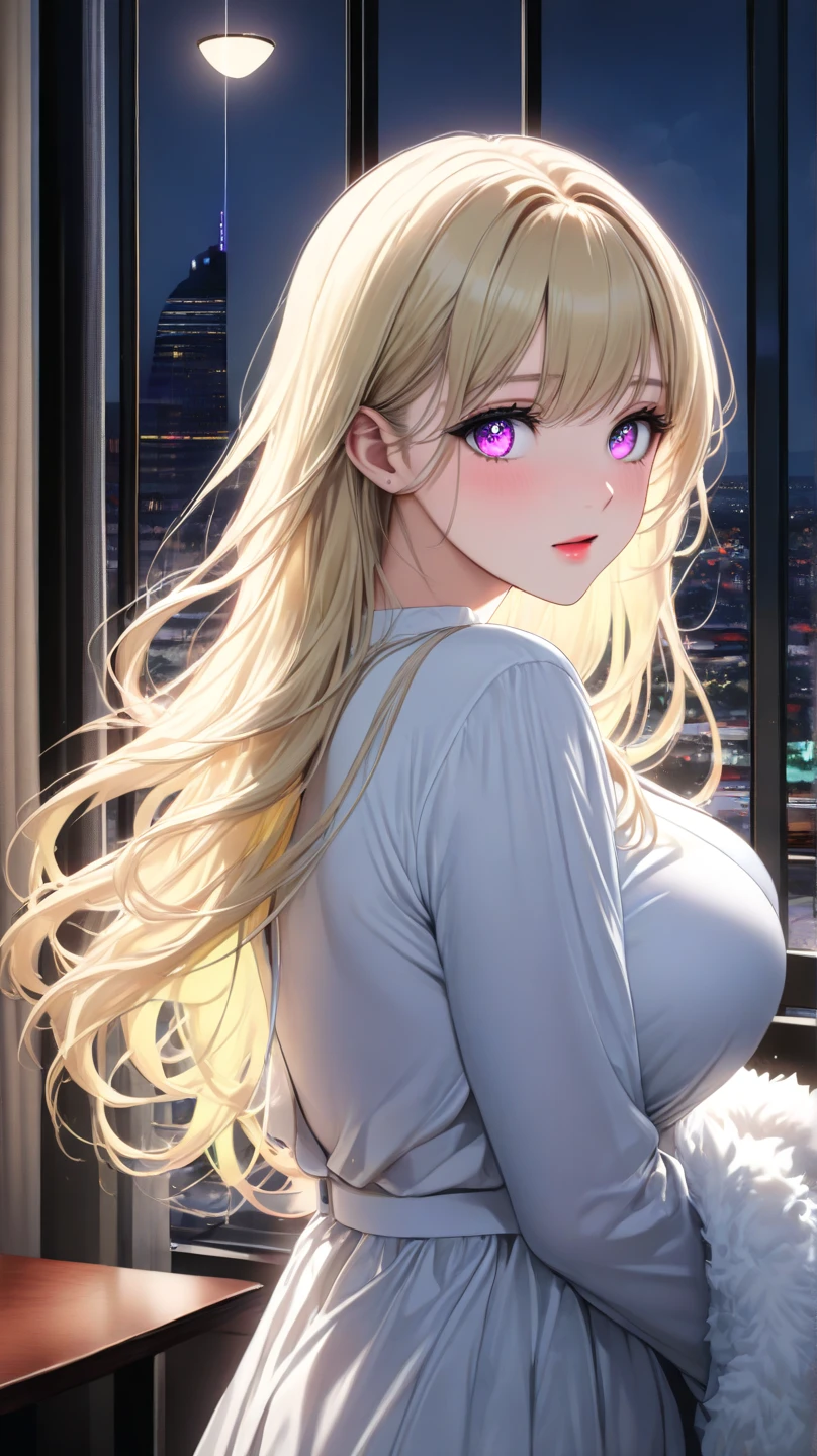 1woman,Expression of pain, teeth showing, eyes closed,Facing right, camera angle from the side, photo from the side, Beautiful makeup, long eyelashes,early in the morning,stunning,half body photo, very detailed face,cute,,HD face, perfect face,Short white dress, pink cardigan,very big breasts,Blonde hair,blonde hair,bangs,long hair, straight hair,ultra detail,ultra Hd, masterpiece,4k