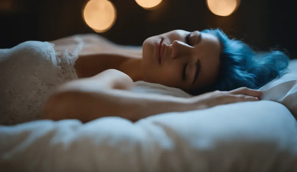 Masterpiece, High definition, Movie Still, 1Girl, Turn off the lights, natta,(sparks: 0.7), Beautiful Woman, ((24yo)), the moon, moonlit glow, natta, Sleeping, ((Sleeping)), bed, window, Lying Down, Whole body, eyes closed, Underwear outfits, Blue hair