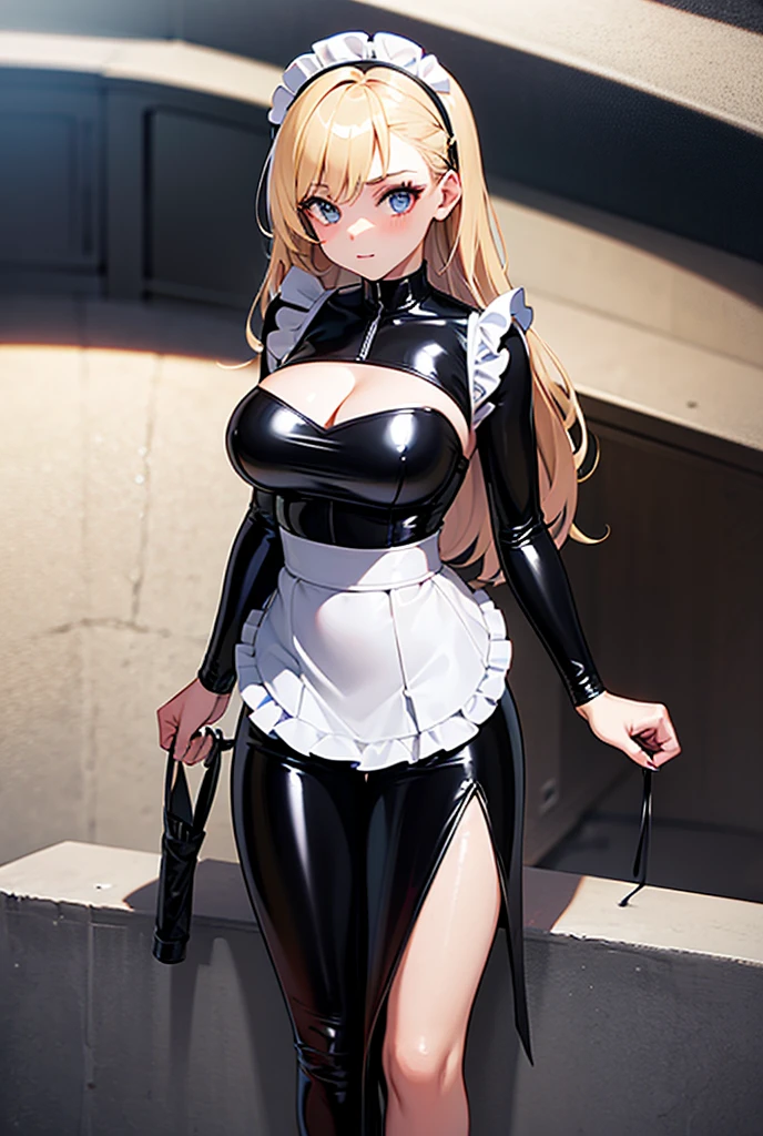 20 year old woman, big breasts, busty, bubble butt, hourglass figure, skinny, blushing, embarassed, shocked expression, horny, seductive, long hair, platinum hair, twintail hair, wearing french maid dress, maid dress, white stockings, black high heels, tight fitting clothing, anime flat colors, daytime, in garden, flowers, punk, punk style, punk hair, ((open mouth)), ((drooling)), ((wet)), bare shoulders, elbow gloves, frills, bows, puffy dress, mid-length skirt, latex, latex maid dress