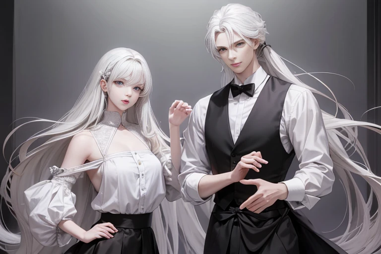  Goddess, God, Accessories, Black Cat Ears white dress White dress sleeves between the elbows Good looking Masterpiece big breasts Beautiful face open bust dress chest jewelry beautiful white hair black eyes black waist dress and his boyfriend, wearing a white shirt, white pants, a cool suit, good looking, handsome, white hair, white cat ears, blue eyes, standing and hugging a woman. Recently Masterpiece Handsome and cool, white cat ears, blue eyes, cool short white hair.