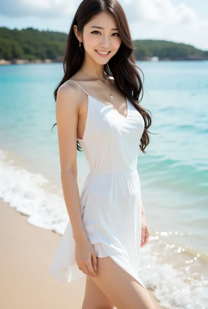 Tabletop、(Highest quality、4K、8K、High resolution、Masterpiece: 1.2)、Super detailed、(Real、Photorealistic、Photorealistic: 1.37)、Full Body Shot、Complex and beautiful eyes、woman、long hair、Natural color lip、whiteＴshirt、Bold and sexy pose、smile、Ocean、20 year old girl、A cute and sexy shot looking straight at the camera。